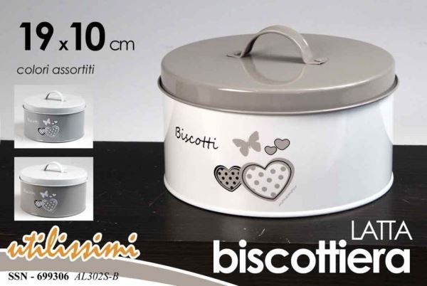 Il numero 1 del risparmio-BISCOTTIERA IN LATTA MONAMOUR 19 X 10 CM IN  COLORE ASSORTITO BIANCO O TORTORA